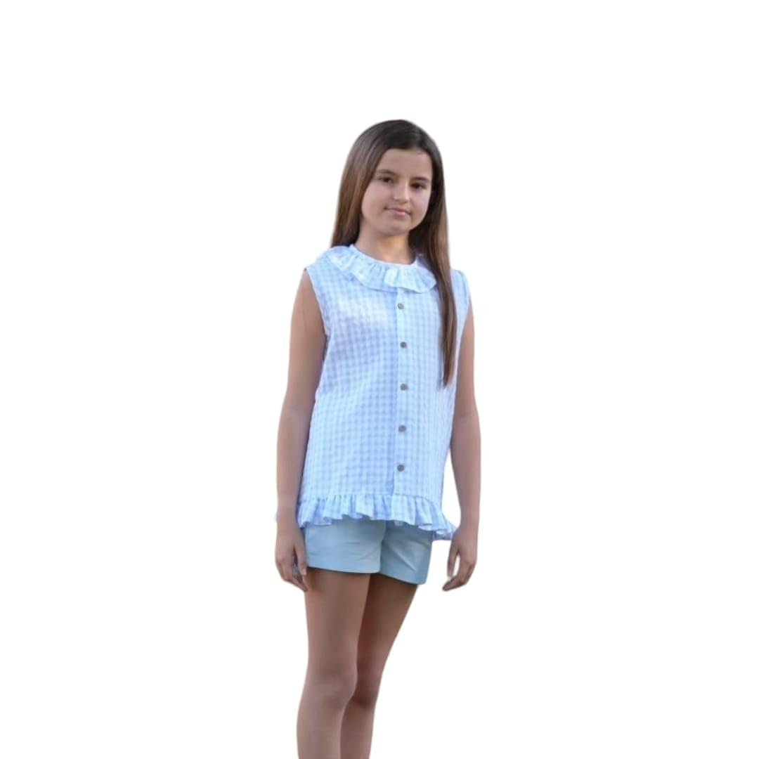 Conjunto niña de 2 piezas vichy azul celeste ropa de 5 años 2
