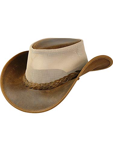 Harrys-Collection Damen Herren Lederhut in Vintage braun mit Netz, Kopfgröße:S, Farben:braun