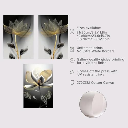 Impression sur toile haut de gamme : triptyque moderne de fleurs de luxe pour mur de séjour