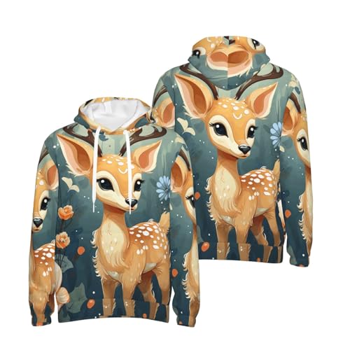 Men's Fleece Pullover Hoodie Long Sleeve Hooded Cartoon Deer Flower Sweatshirt Casual Shirts With Pockets 7