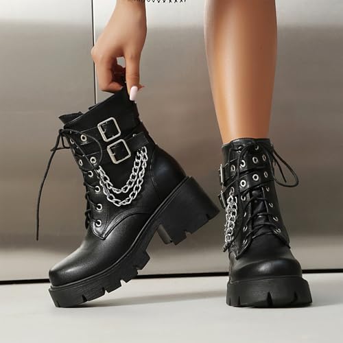 Image of MEOTINA Goth Platform Boots Combat Boots Chunky Heel Ankle Booties for Women Punk Buckle Gothic Boot with Zipper Lace Up Dress Shoes Black /White