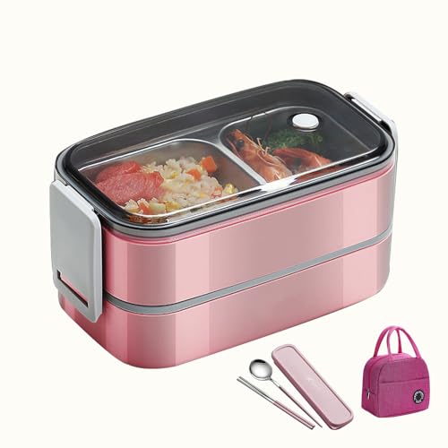 保温弁当箱 ステンレス 密封 お弁当箱 2層式 大容量 持ち運びやすい おしゃれ 漏れ防止 電子レンジ加熱可 真空断熱 仕切り設計 滑り止め 抗菌 大人 男性 女性 小学生 通勤 通学 キャンプ ピクニックに適用 (お弁当箱+スプーンと箸+お弁当袋,ピンク