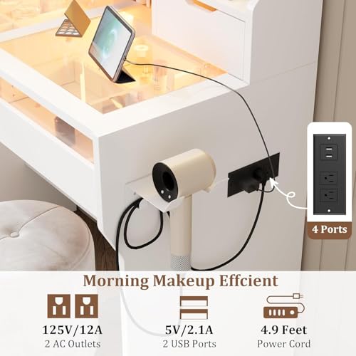 GarveeHome Vanity Desk with Mirror and Lights, Small Makeup Vanity Desk with Power Outlet&Glass Top, 3 Lighting Modes Brightness Adjustable, Bedroom Dressing Table with 7 Color Light Drawers, White