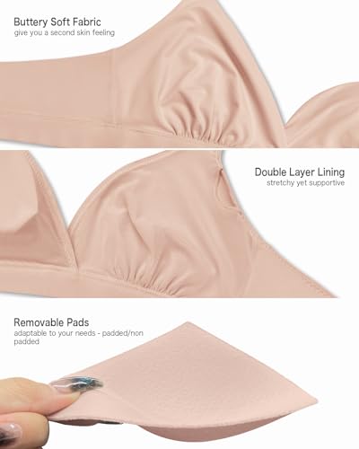 Image of Women's Triangle Bralette Removable Pads Unlined Bra Comfortable Deep V Neck Wireless Seamless Smoothing Bra Top Nude