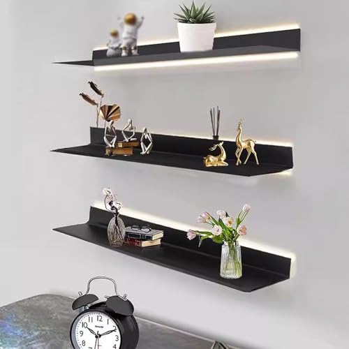 Étagère lumineuse murale en métal noir à plusieurs niveaux pour salon