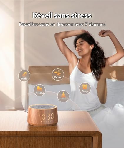 Dreamegg Veilleuse Bruit Blanc Bébé & Adulte avec Réveil Machine à Bruit Blanc 25 Sons Apaisants Lampe 10 Couleurs Minuterie 10–480min Écran et Lampe à 5 Niveaux de Luminosité 7 Sons d’Alarme – vue 5