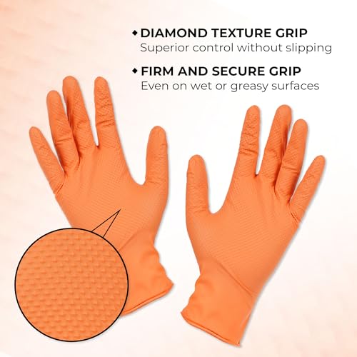 EZ Hacks LLC - Guantes de Nitrilo 10 mil Naranja Medium, 100 unidades, Sin Polvo, Antideslizantes, Diamond, Extra Gruesos, Sin Látex