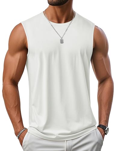 MAGCOMSEN Men's Workout Tank Top UPF 50+ Sleeveless Muscle Shirts Cooling Summer Sun Shirts Cut Off Shirt for Swim Running Beach White M