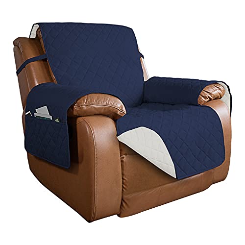 Image of PureFit Reversible Quilted Sofa Cover, Water Resistant Slipcover Furniture Protector, Washable Couch Cover with Non Slip and Elastic Straps for Kids, Dogs, Pets (Oversized Recliner, Navy /Ivory)
