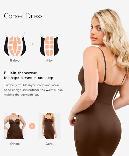 Image of Popilush Corset Dress Built in Shapewear - Formal Dress for Women Deep V Neck Maxi Slip Bridesmaid Dresses for Wedding