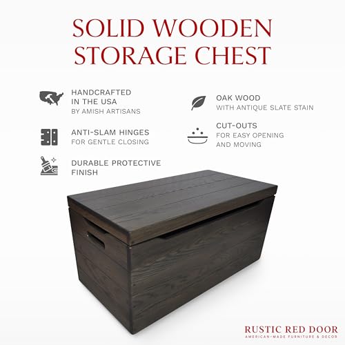 Image of Amish Made Wooden Storage Chest Trunk Box with Lid and Handles for Bedroom, Blanket, Clothes, Anti-Slam Hinges, Handmade, Rustic, Oak Wood, Antique Slate Stain, 42 inch