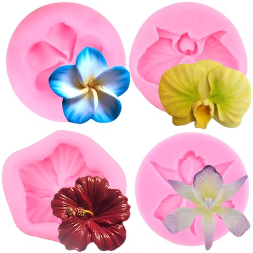 RFGHAC Set di 4 stampi in silicone a forma di fiore di orchidea, ibisco, plumeria, cioccolato, per decorare torte, cupcake, pasta di gomma, pasta di gomma, argilla polimerica