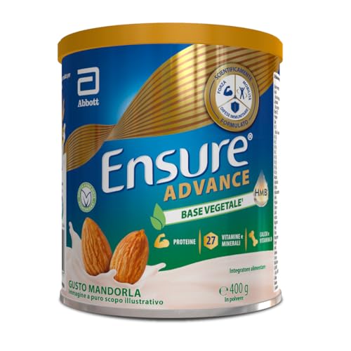 Ensure Advance Base Vegetale, Integratore con Proteine Vegetali, con 27 Vitamine e Minerali, Calcio e HMB, Confezione 400g, Gusto Mandorla, Senza Glutine, Adatto agli intolleranti al lattosio