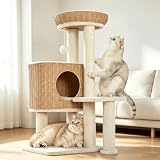 Yaheetech キャットタワー 猫タワー 据え置き おしゃれ 高さ91cm 省スペース スリム コンパクト 手編みカゴ ラタン インテリア性 夏冬兼用 見晴台付き ハンモック 爪研ぎ 多頭飼い 成猫 子猫 中型猫 シニア猫 安定性 運動不足解消