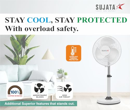 Image of Sujata High Speed Premium Pedestal Fan 300mm | 2 Year Warranty | Stand Fan for Home, 2000 RPM, 100% Copper Motor, Oscillating Pedestal Fan with High Air Delivery, 3 Speed Control (SPF09 HS - White)