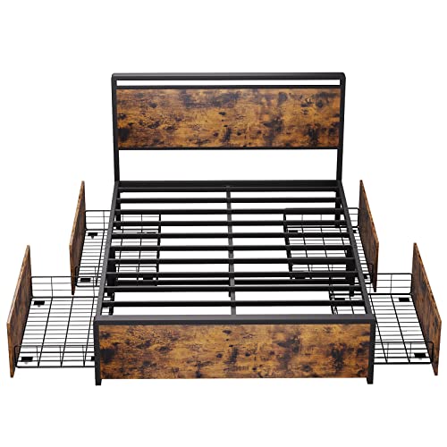 Alkmaar Full Size Bed Frame With 4 Storage Drawer,Wood And Metal Bed Frame, No Box Spring Needed, Noise-Free Sleep (Full) #TOP5