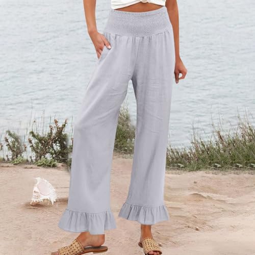 Image of Palazzo Pants for Women Linen Smocked Elastic Waist Ruffle Wide Leg Pants Summer Beach Flowy Boho Pant with Pockets