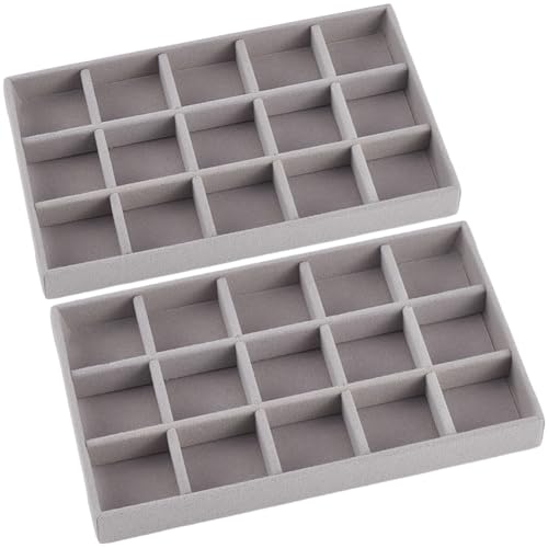 SOFPLATE 2 Pièces Inserts de Tiroir à Bijoux 5x8 3 Pouces Plateau à Bijoux en Velours Gris 15 Cases Tiroir à Boucles d'Oreilles sur Commode avec Diviseur Amovible Organisateur de Colliers Conteneur de