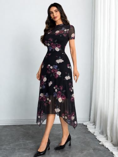 Image of GothDark Women's Wedding Guest Floral Print Vintage Goth Dress Mesh Spliced Double-Layered Irregular Hemline Midi Dresses