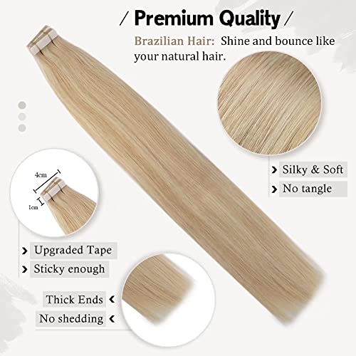 Moresoo Tape in Extensions Human Hair 14 Inch 20 PCS Tape in Extensions Remy Hair Extensions Color #14 Mix with #613 Bleach Blonde Real Hair Extensions Straight Seamless Hair Extensions 50g