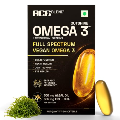 Image of Ace Blend Outshine Omega 3 Vegan with 385mg EPA + DHA per Softgel | Full Spectrum Algal Oil | 700mg Algal Oil | Plant-Based Omega 3 Supplement | For Men & Women | 30 Softgels