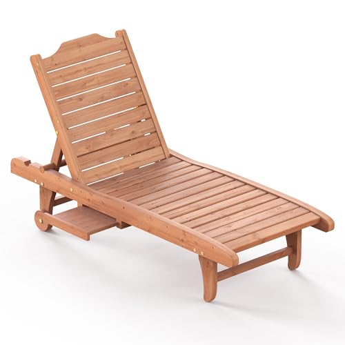 EUNHOO Wooden Chaise Lounge Chair 3-Position Adjustable Outdoor Tanning Chair with Hidden Side Tray & Wheels Poolside Patio Sun Chair
