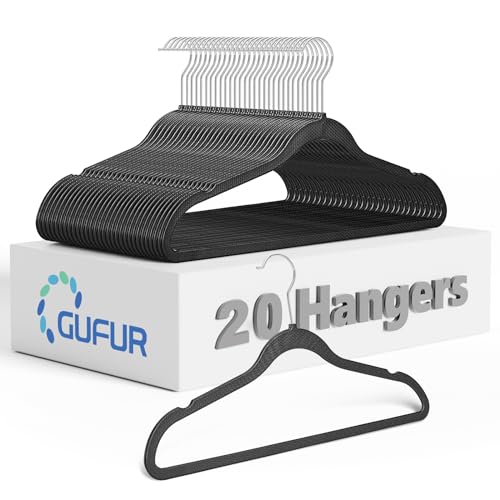Plastic Coat Hangers 20 Pack - Space Saving Ultra Thin Non-Velvet Clothes Hangers with 360°Rotating Hook - Heavy Duty Black Pant Hangers for Suits and Pants by GUFUR