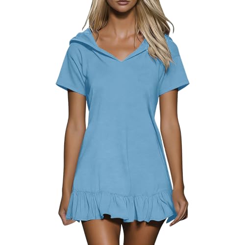 Oversized Hooded Dress for Women Casual V Neck Ruffle Hem