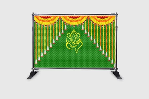 Image of Green chatiya with Yellow Ganesh ji Design Backdrop Cloth for Pooja Decoration Traditional Background Curtain Cloth for Festival Fabric-Polyester Size 5Feet Height and 8Feet Width(5 * 8)