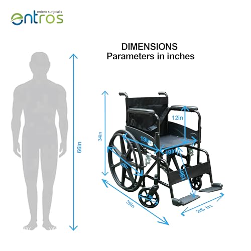 Image of Entros Foldable Wheelchair for Adults & Patients | Magwheel Manual Wheelchair with Swing-Away Footrests & Comfortable Upholstery Seat, Black | Ideal For Old People & Patient, 875G