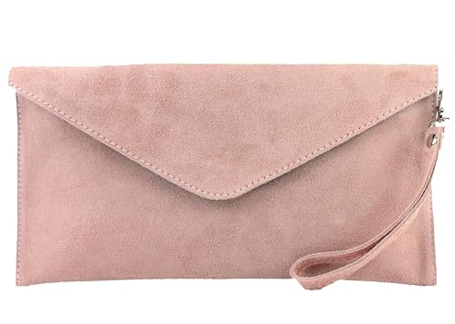 modamoda de T106 Damen Wildleder Rauleder Clutch Umhängetasche Abendtasche handmade in Italy, Farbe:Rosabeige