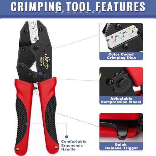 Sopoby Crimping Tool For Heat Shrink Connectors with 210PCS Marine Grade Heat Shrink Butt Connectors of Tinned Red Copper - Electrical Crimping Tool - 20-10 AWG