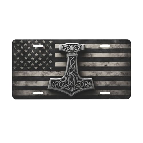 Hammer American Flag License Plate - 12x6 Aluminum Mjolnir Viking Norse Patriotic Car Decor