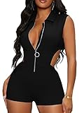 Verdusa Women's Zip Up Cut Out Sleeveless Unitard Short Jumpsuits Romper Black S