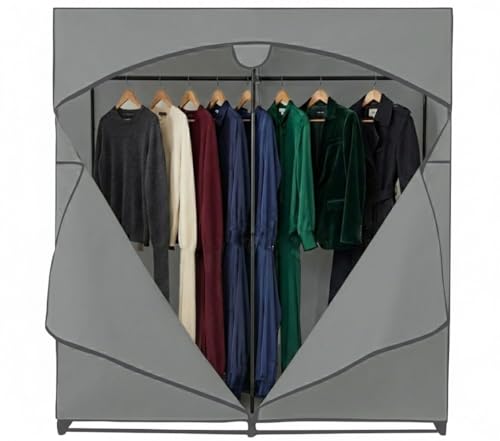HOLDN’ STORAGE Portable Wardrobe Closet - 65 lb Large Capacity, Internal Heavy Duty Metal Rod, Zipper & Clear Window, Durable Clothes Organizer, Tool-Free Easy Assembly, Dark Gray Canvas Cover