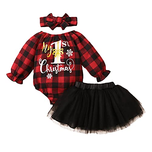 My First Christmas Skirt Sets Letter Printed Long Sleeve Romper Bodysuit+Tulle Skirt+Headband Clothes Outfits (Red, 3-6 Months)