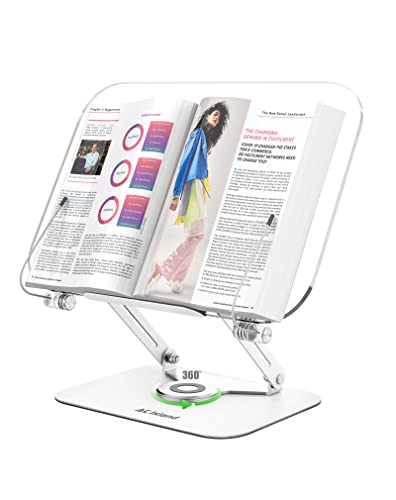 ACIsland Acrylic Book Stand for Reading-Adjustable Holder with 360° Rotating Base & Page Clips- Foldable Desktop Ricer for displaying Cookbook-Sheet Music-Laptop-Recipe-Textbook-Hands Free-Aluminium