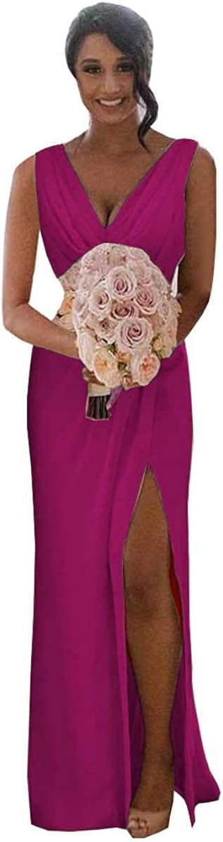 V Neck Chiffon Bridesmaid Dresses with Slit Long for Women Mermaid Formal Dress for Wedding Party