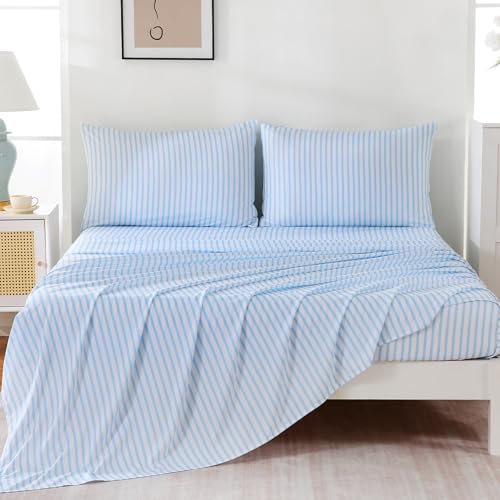 Image of MCO 4Pieces Striped Sheets Set, Breathable King Sheet Set with 16 inch Deep Pocket,Modern & Luxury, Brushed Microfiber Bedding Set(King, Blue Simple)