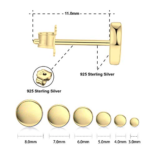 18K Gold Plated Sterling Silver Dot Stud Earrings 3Mm-10Mm Options, Flat Round Disc Studs Hypoallergenic Jewelry (5Mm) #TOP1