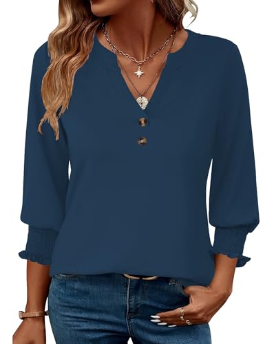 Bluzka damska z dekoltem w serek i rękawem 3/4, elegancka koszula z długim rękawem, top biznesowy casual, luźna koszula L