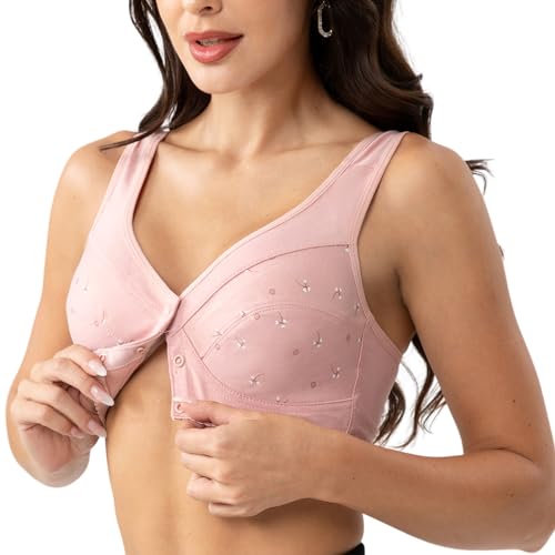 Image of Comfortable Daisy Bra for Seniors,CharmFront Snap Closure Cotton Bras Front Close Bras for Older Women no Wire Pink 36