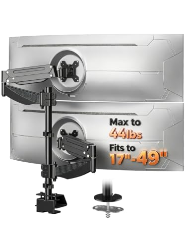 Image of suptek Dual Monitor Arm Desk Mount for 17-49 Inch Ultrawide Monitors, Heavy Duty Dual Monitor Mount Holds 44 lbs, Full Motion Gas Spring Vertical Stacked Monitor Mount, 75 /100 VESA Mount, Black