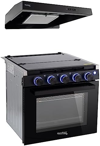 RecPro RV Stove Gas Range 21" Tall (Black, with Vented Range Hood)
