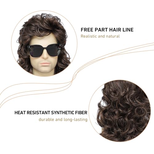 Image of 70s /80s Brown Mullet Wig, Unisex Retro Curly Mullet Wig for Halloween, Cosplay, 80s Themed Parties Costumes (Medium Brown)