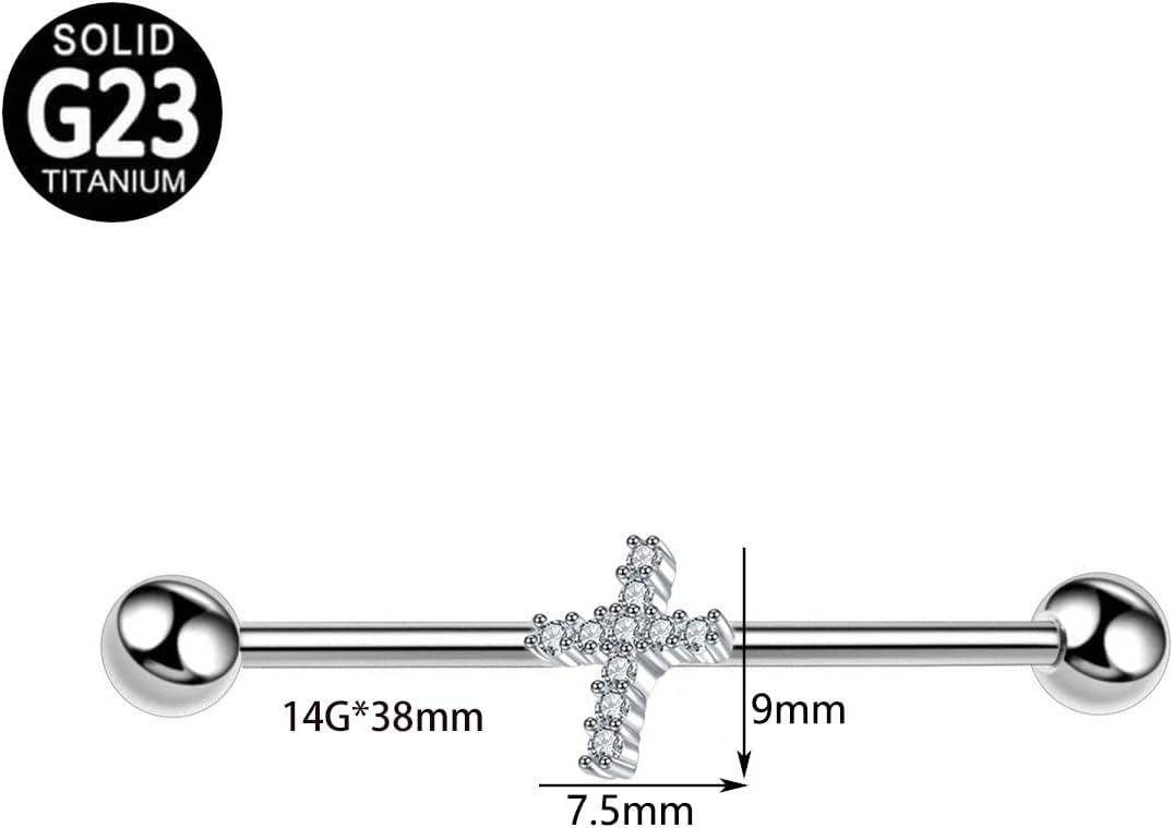 14G CZ Cross Industrial Barbell G23 Titanium Industrial Piercing Jewelry 38mm Long Industrial Bar Conch Helix Cartilage Barbell Earrings Body Piercing Jewelry for Women Men - Image 5