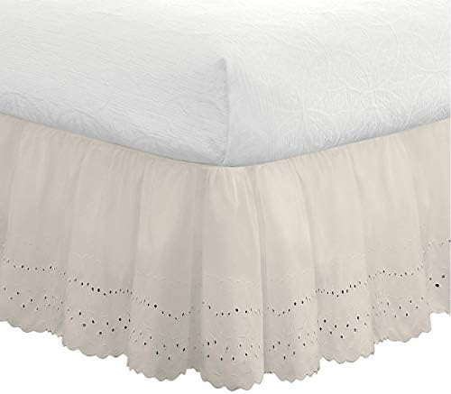 FRESH IDEAS Eyelet Bed Skirt Dust Ruffle Embroidered Details, Extra Long 18" Drop Length Gathered Styling, Full, Ivory (FRE30018IVOR02)