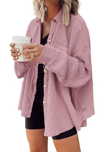 Nirovien Womens Waffle Knit Shacket Oversized Button Down Shirt Jacket