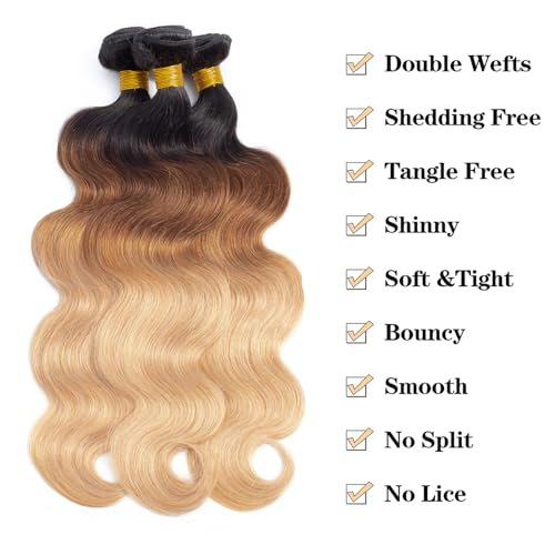 Image of 16A Ombre Body Wave Bundles Human Hair (T1B /30 /27,22 inch 22 inch 22 inch) 100% Real Human Hair 3X Longer Lifespan 100% Unprocessed Brazilian Virgin Hair Ombre Brown Body Wave Human Hair Weave Bundles