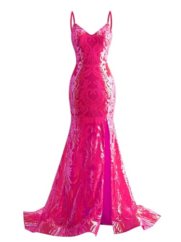 Mermaid Sequin Prom Dresses Long Sparkly Spaghetti Straps Formal Gowns with Slit V Neck Evening Dress for Women